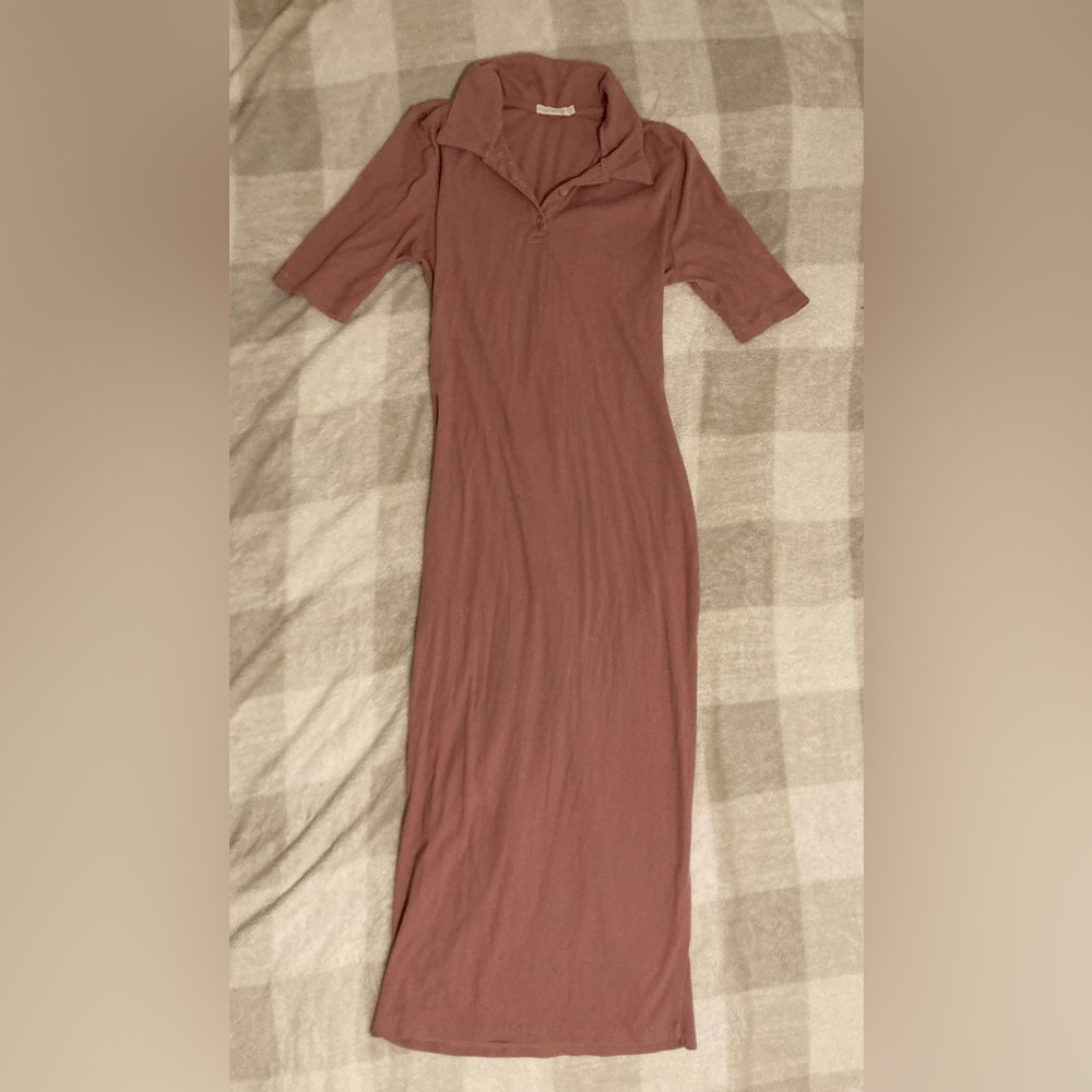 Short sleeve maxi dress, fitted, mauve pink, Heart & Hips, stretchy